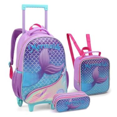 Imagem de Kit Mochila Escolar com Rodas, Lancheira E Estojo Estampa Sereia, Lilás e Turquesa