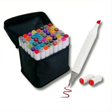 Imagem de Kit Canetas Marcador Permanente Ponta Dupla Álcool 48 Cores Estojo Preto