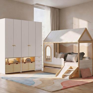 Imagem de Guarda-roupa Modulado Wave e Bicama Casinha com Mini Escorrega New Garden Casatema MadeiraOriginals Branco/Natural