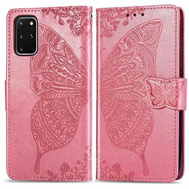 Imagem de CHAJIJIAO Capa flip capa carteira para Samsung Galaxy S20 Plus, capa de telefone carteira flip bumper à prova de choque / alça de pulso/coldre floral padrão borboleta capa carteira para telefone (cor: rosa)