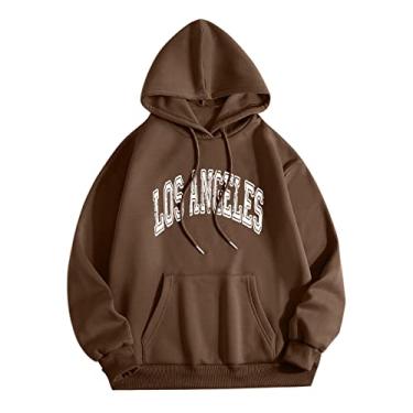 Imagem de Moletom com capuz gráfico para homens casual moda moletom Los Angeles letras padrão manga longa pulôver roupas masculinas, Café, XX-Large