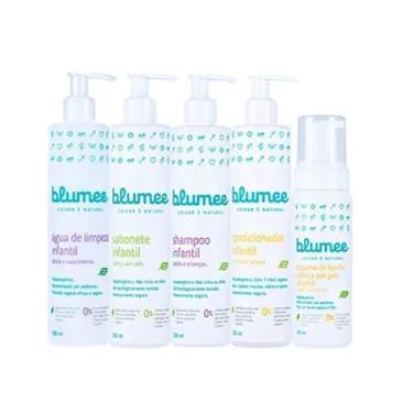 Imagem de Kit Blumee Banho Bebê e Criança +Sabonete liquído da Cabeça aos Pés 250 ml +Espuma de Banho da Cabeça aos Pés 210 ml + Shampoo Suave 250 ml + Condicionador 250 ml + Água de limpeza corpo, rosto e bumbum 300 ml