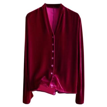 Imagem de Blusas femininas outono inverno manga curta gola V veludo elegante franzido blusas camisas femininas 2024, E-161 Vermelho, P