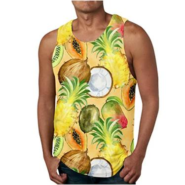 Imagem de Camiseta havaiana regata esportiva tropical academia coletes de praia para homens outono verão gola canoa estampa floral colete masculino 2024, O-948 amarelo mostarda, G