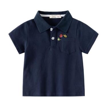 Imagem de Yueary Camiseta polo infantil para bebês meninos, manga curta, bordado com desenho de carro, algodão, bolso casual, camisa polo, Azul-marinho, 110/3-4 Y