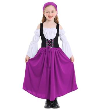 Imagem de Happy Cherry Vestido renascentista para crianças, meninas, vestido de princesa medieval, ombro de fora, manga de sino, vestido vitoriano 4-16 anos, Roxa, 8-10 Years