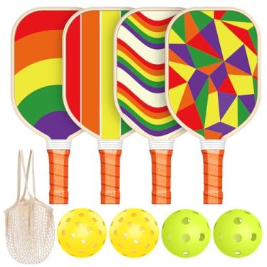 Imagem de Conjunto de 4 raquetes de pickleball, madeira premium com 4 bolas de pickleball internas e externas e 1 bolsa de transporte, raquetes de pickleball com aderência ergonômica para iniciantes e