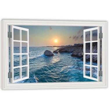 Imagem de Imagens de árvore grande e praia decoração de arte de parede para sala de estar oceano pintura de parede estilo moldura de janela falsa impressão em tela oceano paisagem natural decoração de arte 60 x