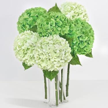 Imagem de 6 peças de flores artificiais de hortênsia de toque real, 53 cm, verde claro e verde escuro, flores falsas de látex para decoração de casa, festas, arranjos florais, buquês de casamento, decoração ao