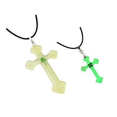 Imagem de PTGMH Colar de resina que brilha no escuro luminoso masculino com corrente de cruz de trevo para homens, joias religiosas para mulheres, pingente de cruz feito à mão com pingente de cruz, Resina, Sem