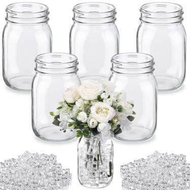 Imagem de Mimorou Conjunto de 6 potes de vidro de boca regular, conjuntos de peças centrais, frascos de vidro transparente de 473 ml, sem tampa, cubos decorativos transparentes de acrílico de gelo falso para