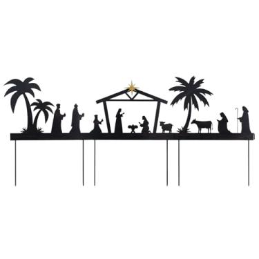 Imagem de hogardeck Conjunto de presépio para Natal, 122 cm, 3 peças, presépio de metal, estacas decorativas de jardim para decorações de Natal ao ar livre, presépio de manjedoura de família sagrada, placas de