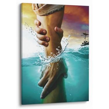 Imagem de Arte de parede cristã 30,5 x 40,6 cm em tela emoldurada Jesus imprime o deus da mão segurando firme alcançando a água arte religiosa pintura serenidade sala de oração decoração católica bíblica