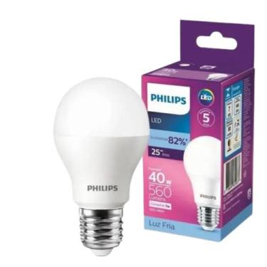 Imagem de Kit 5 Lampadas Led Bulbo 7W = 40W 560Lm Bivolt Philips, 127/220V, BRAN