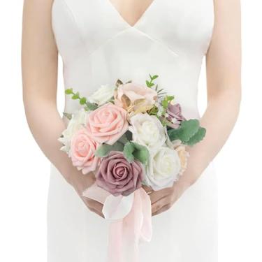 Imagem de Rinlong 1 buquê de damas de honra rosa empoeirado, buquês artificiais de casamento para dama de honra, buquê de seda para baile de formatura