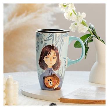 Imagem de Caneca de grande capacidade copo de cerâmica copo de água de escritório pintado à mão com tampa colher para casa menina xícara de café caneca de café (cor: B)