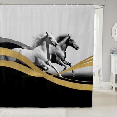 Imagem de jejeloiu Cortinas de chuveiro cavalos galopando cortina de banheiro para crianças mulheres homens acessórios de banheiro rústico casa de fazenda animal bonito tecido de poliéster impermeável preto