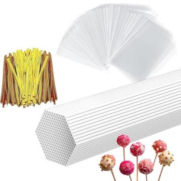 Imagem de Kit de embalagem de palitos de bolo - incluindo 100 peças de palitos de pirulito de plástico de 15 cm, 100 sacos de doces transparentes, 100 peças de laços dourados torcidos para bolo, pirulito, doces