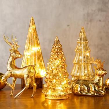 Imagem de Flutesan 5 peças de árvores de Natal e renas de vidro mercúrio iluminadas para mesa de árvore de Natal LED decoração de mesa central para casa e festa de Natal