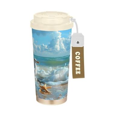 Imagem de SEHANY Caneca de viagem Summer Sea Beach Starfish 482 g Copos de café reutilizáveis revestidos de cerâmica com tampa à prova de vazamento, parede dupla, isolamento a vácuo, copo de café de aço