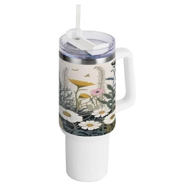 Imagem de xigua Copo vintage de flores silvestres de 1,134 g com alça e canudo, aço inoxidável duplo isolado a vácuo garrafa de água suporte de copo de garrafa de água amigável à prova de vazamento copo de