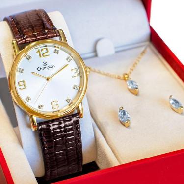 Imagem de Relógio Feminino Champion Analógico Couro Kit Colar e Brincos CN20186B-Feminino