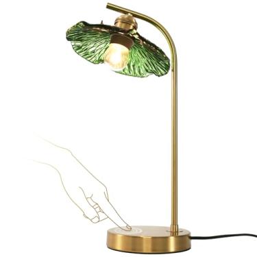 Imagem de Soutas Candeeiro de mesa sensível ao toque para mesa de cabeceira de quarto, candeeiro de cabeceira dourado vintage, candeeiro de mesa de vidro moderno de meados do século com abajur de flor verde