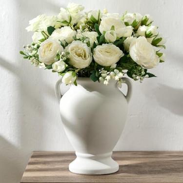 Imagem de Vaso de flores rústico de cerâmica com alças, cerâmica vintage de 21 cm de altura, vaso de terracota de fazenda para sala de estar, mesa, prateleira, decoração de cornija, casa de fazenda - off-white