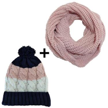 Imagem de Conjunto Touca Pompom Listrada Com Cachecol Gola Lã Macio Quentinho - 