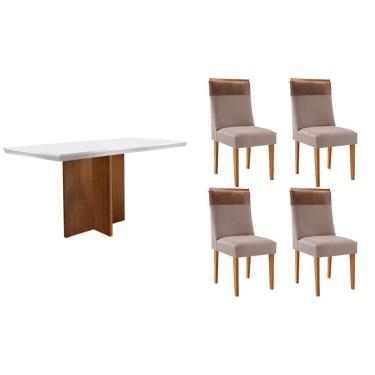 Imagem de Mesa Cozinha Berlim c/ Tampo Madeirado c/ Vidro Canto Curvo 120x80cm e 4 Cadeiras Jaspe Madeira Maciça Naturale/Off White - Capuccino/Linho Capuccino-