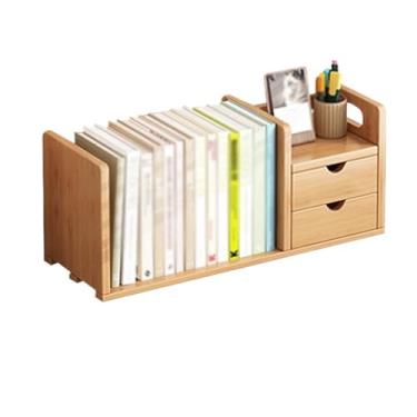 Imagem de Estante pequena de mesa com gavetas duplas, suporte de exibição de mesa de bambu, para casa e escritório, organizador de armazenamento independente