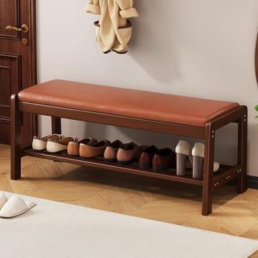 Imagem de Banco de sapateira de entrada com almofada de couro, moldura de madeira maciça, organizador de armazenamento elegante para corredor, mudroom e porta da frente – Maximize o espaço e a funcionalidade