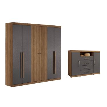 Imagem de Quarto Completo Modu 2 Peças (1GuardaRoupa+1Cômoda) QC374 Jatobá/Grafite - Santos Andirá
