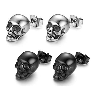Imagem de Conjunto de brincos de caveira prateada preta para mulheres, homens, meninas, fofos, Halloween, caveira, brincos, vintage, gótico, hipoalergênico