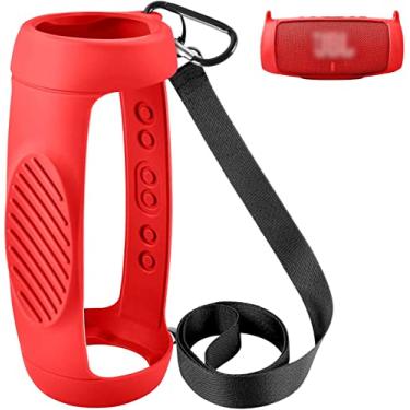Imagem de Capa de silicone para alto-falante Bluetooth portátil JBL Charge 5 impermeável, impermeável, gel protetor, pele macia, bolsa de borracha à prova d'água com alça de ombro e mosquetão - vermelha