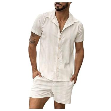 Imagem de Conjunto de camisa polo masculina listrada, 2 peças, roupa esportiva, gola lapela, bolinhas, short, Bege, 3X-Large