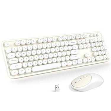 Imagem de KNOWSQT Combo de teclado e mouse sem fio – Branco leitoso tamanho completo 2,4 GHz 104 teclas, teclado de máquina de escrever, teclado redondo flexível e mouse óptico para Windows, computador, PC,