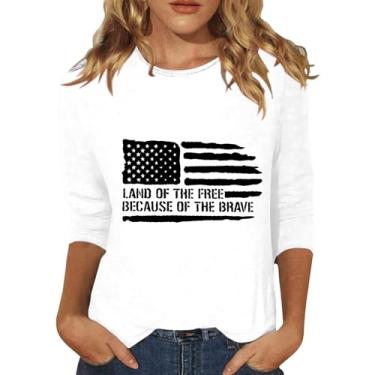 Imagem de Camisetas femininas com bandeira americana de verão 4 de julho camisetas de manga 3/4 Land of the Free Tops Patriotic Memorial Day, Bege, G
