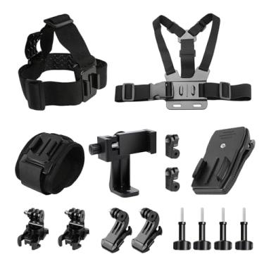 Imagem de elinigo Acessórios para câmeras de ação para Go Pro Hero 12/11/10/9/8, Insta360 X4/X3/X2, com suporte para smartphone, suporte de alça de cabeça de liberação rápida + suporte de peito + suporte de