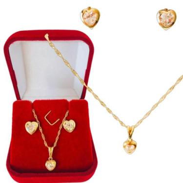 Imagem de Kit Conjunto Cordão e Brinco Feminino Coração Zircônia Banhado a Ouro 