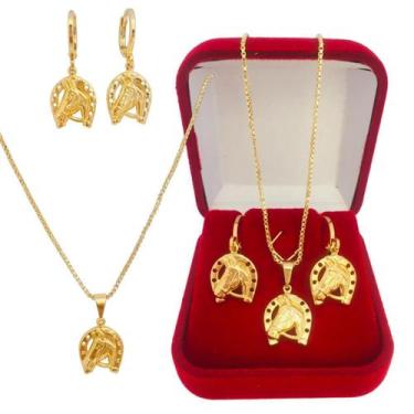 Imagem de Conjunto Kit Presente Brinco e Ferradura Cavalo Folheada a Ouro 18k - 