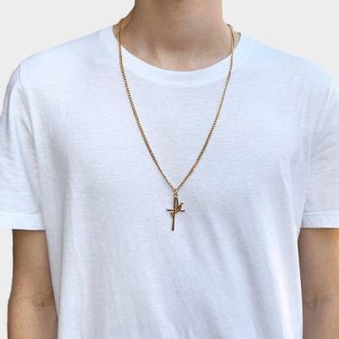 Imagem de Colar Corrente Masculino Aço Inoxidável com Pingente Crucifixo Cruz Pl