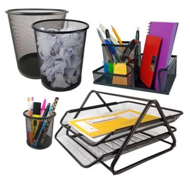 Imagem de Kit Escritório Organizador Bandeja Lixeira Porta Lápis Lixo Preto - Ma