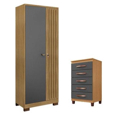 Imagem de Cômoda Cannes 5 Gavetas com Armário Multiuso Versatile 2 Portas com Chave Carvalho Americano Grafite - Incorplac- Incorplac