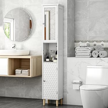 Imagem de SogesHome Armário de banheiro de 3 camadas com prateleira aberta, armário de banheiro alto independente com 1 porta espelhada, móveis de armazenamento para banheiro, sala de estar, quarto