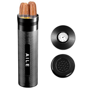 Imagem de AILE Umidor de aço inoxidável para charutos, caixa de charuto, prata para viagem, tubo para 3 a 4 charutos, caixa de charutos portátil, higrômetro de charuto, ótimo presente para o amante (preto)