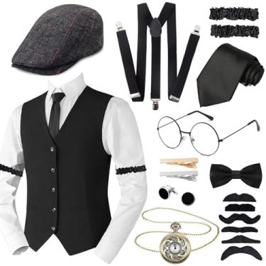 Imagem de Conjunto de acessórios de fantasia masculina anos 20 para adultos, fantasia retrô dos anos 20 Gatsby Gangster com colete boina relógio de bolso suspensórios de gravata para artigos de festa - 4GG