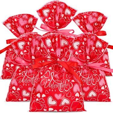 Imagem de AnyDesign 100 unidades de sacos para doces de dia dos namorados, coração vermelho, sacos de celofane doces, 15 x 23 cm, sacos de presente de plástico Happy Valentine's Day com fita vermelha e rosa para festa de dia dos namorados