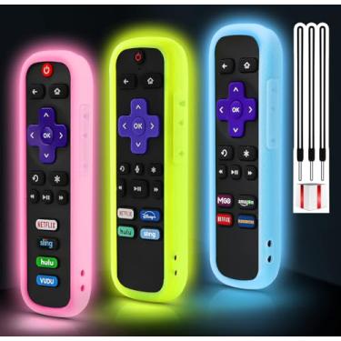 Imagem de Pacote com 3 capas para controle remoto Roku, capa de bateria compatível com Roku Voice Remote Official, capa protetora universal de silicone para controle que brilha no escuro amarelo azul rosa