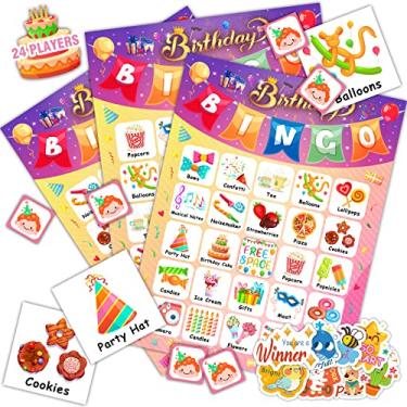 Imagem de Birthday Bingo Game for Kids Toddlers 24 Players Happy Birthday Bingo Cards with 40Pcs Reward Stickers School Family Party Favors Gifts Classroom Activities Board Game Holiday